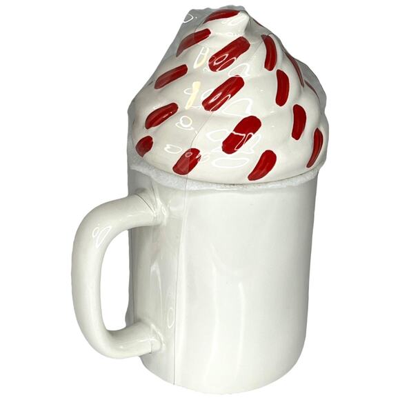 NEW Rae Dunn Ceramic Peppermint Mocha COFFEE MUG + TOPPER Cover Lid White & Red - Picture 2 of 5